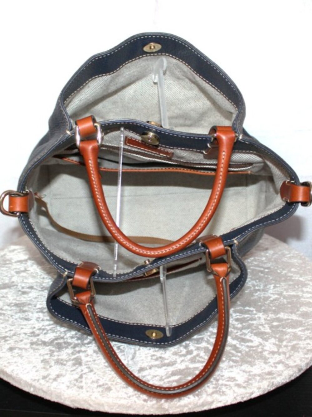 Dooney & Bourke Pebble Grain Leather Satchel Navy & British Tan Crossbody Bag - Picture 5 of 11